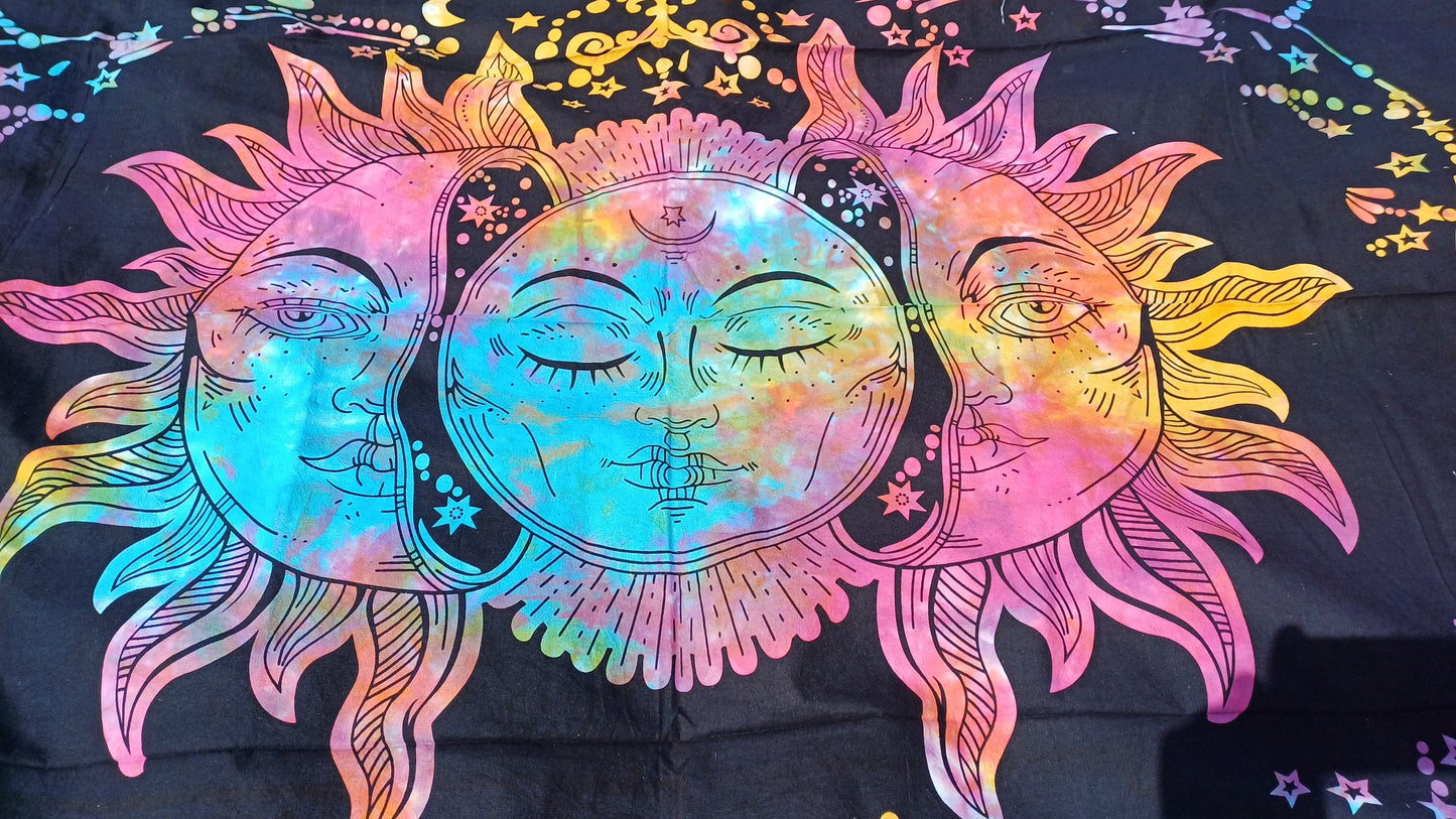 Natural Multi-Color Tie-Dyed Handprinted Sun Mandala Tapestry,Living Room Decor,Spiritual Wall Hanging,Zen Meditation Wall Art,Gypsy Throw