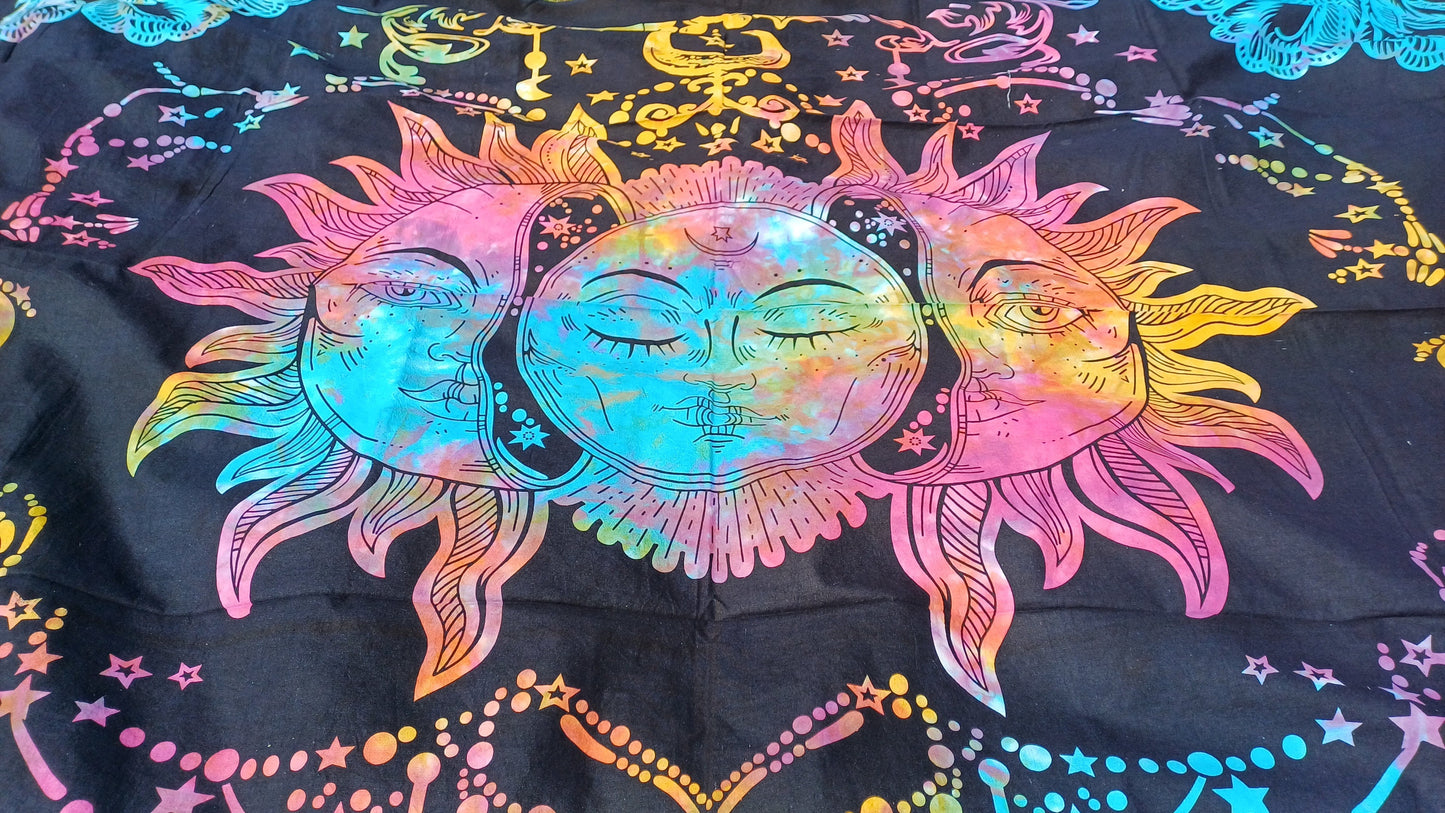 Natural Multi-Color Tie-Dyed Handprinted Sun Mandala Tapestry,Living Room Decor,Spiritual Wall Hanging,Zen Meditation Wall Art,Gypsy Throw