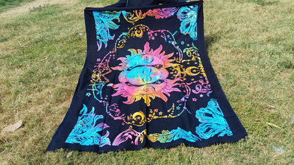 Natural Multi-Color Tie-Dyed Handprinted Sun Mandala Tapestry,Living Room Decor,Spiritual Wall Hanging,Zen Meditation Wall Art,Gypsy Throw