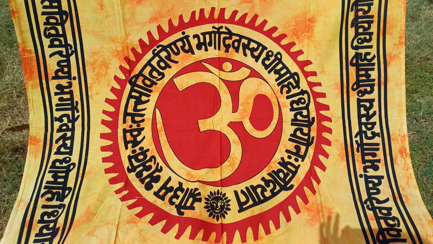 OM Hindu Gayatri Mantra Natural Multi-ColorTie-Dyed Handprinted CottonTapestry,Spiritual Wall Hanging,Zen Meditation,Celestial Yoga Tapestry