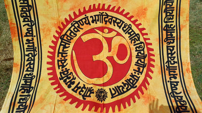 OM Hindu Gayatri Mantra Natural Multi-ColorTie-Dyed Handprinted CottonTapestry,Spiritual Wall Hanging,Zen Meditation,Celestial Yoga Tapestry