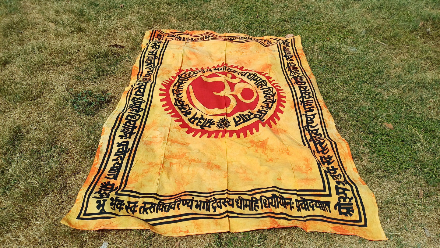OM Hindu Gayatri Mantra Natural Multi-ColorTie-Dyed Handprinted CottonTapestry,Spiritual Wall Hanging,Zen Meditation,Celestial Yoga Tapestry