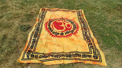 OM Hindu Gayatri Mantra Natural Multi-ColorTie-Dyed Handprinted CottonTapestry,Spiritual Wall Hanging,Zen Meditation,Celestial Yoga Tapestry