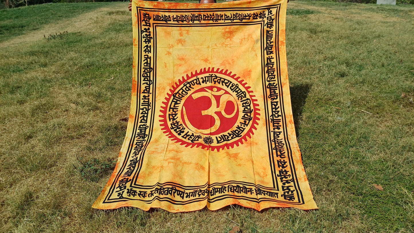 OM Hindu Gayatri Mantra Natural Multi-ColorTie-Dyed Handprinted CottonTapestry,Spiritual Wall Hanging,Zen Meditation,Celestial Yoga Tapestry