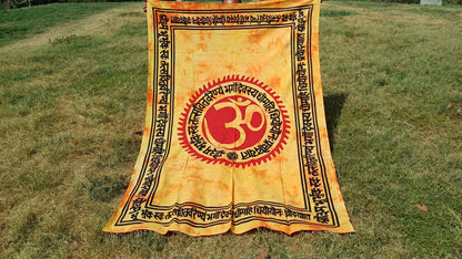 OM Hindu Gayatri Mantra Natural Multi-ColorTie-Dyed Handprinted CottonTapestry,Spiritual Wall Hanging,Zen Meditation,Celestial Yoga Tapestry