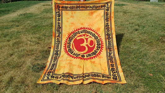 OM Hindu Gayatri Mantra Natural Multi-ColorTie-Dyed Handprinted CottonTapestry,Spiritual Wall Hanging,Zen Meditation,Celestial Yoga Tapestry