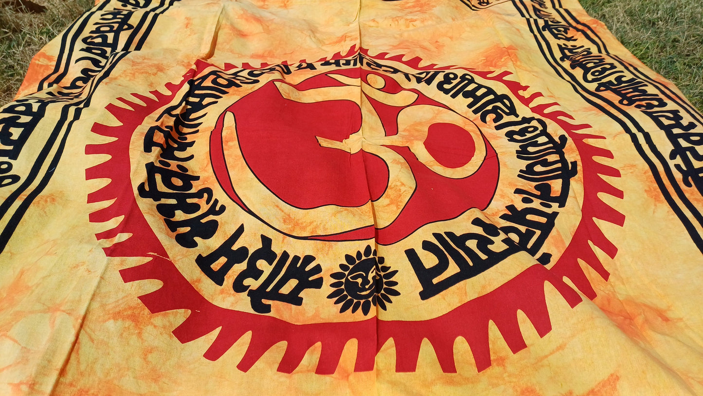 OM Hindu Gayatri Mantra Natural Multi-ColorTie-Dyed Handprinted CottonTapestry,Spiritual Wall Hanging,Zen Meditation,Celestial Yoga Tapestry