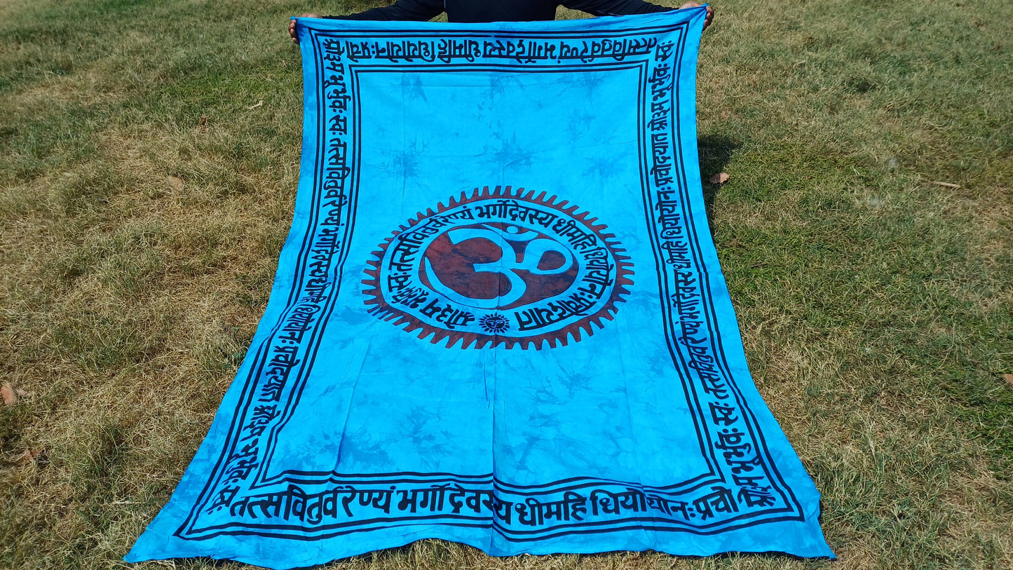 OM Hindu Gayatri Mantra Natural Multi-ColorTie-Dyed Handprinted CottonTapestry,Spiritual Wall Hanging,Zen Meditation,Celestial Yoga Tapestry