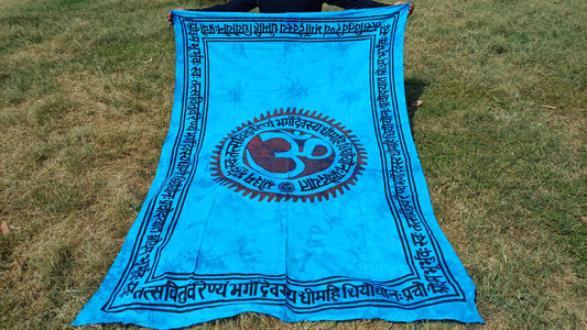 OM Hindu Gayatri Mantra Natural Multi-ColorTie-Dyed Handprinted CottonTapestry,Spiritual Wall Hanging,Zen Meditation,Celestial Yoga Tapestry