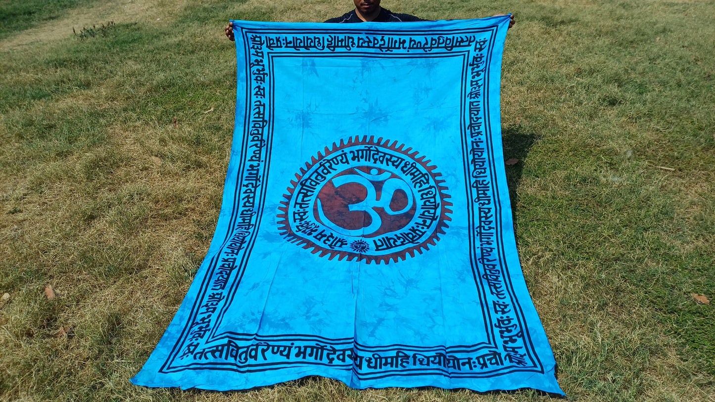 OM Hindu Gayatri Mantra Natural Multi-ColorTie-Dyed Handprinted CottonTapestry,Spiritual Wall Hanging,Zen Meditation,Celestial Yoga Tapestry