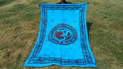 OM Hindu Gayatri Mantra Natural Multi-ColorTie-Dyed Handprinted CottonTapestry,Spiritual Wall Hanging,Zen Meditation,Celestial Yoga Tapestry