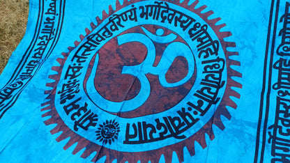 OM Hindu Gayatri Mantra Natural Multi-ColorTie-Dyed Handprinted CottonTapestry,Spiritual Wall Hanging,Zen Meditation,Celestial Yoga Tapestry