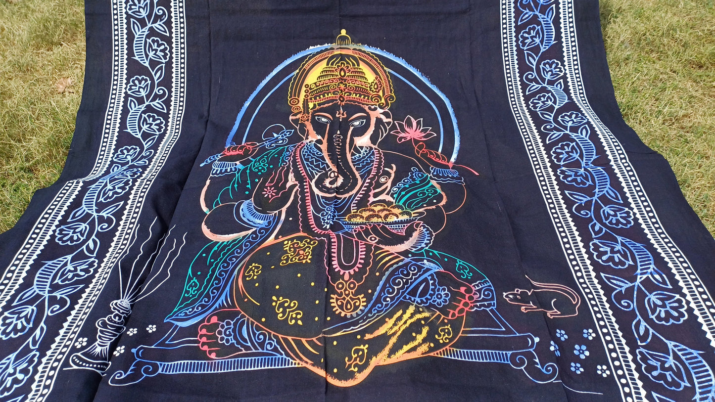Natural Multi-Color Hindu God Lord Ganesh Tie-Dye Handprinted Cotton Cloth Wall Tapestry,Spiritual Wall Hanging,Zen Yoga Meditation Tapestry