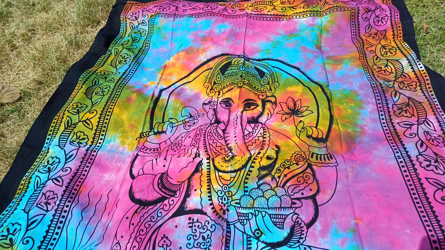 Natural Multi-Color Hindu God Lord Ganesh Tie-Dye Handprinted Cotton Cloth Wall Tapestry,Spiritual Wall Hanging,Zen Yoga Meditation Tapestry