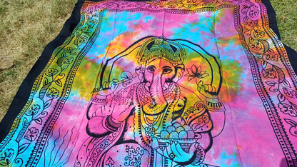 Natural Multi-Color Hindu God Lord Ganesh Tie-Dye Handprinted Cotton Cloth Wall Tapestry,Spiritual Wall Hanging,Zen Yoga Meditation Tapestry