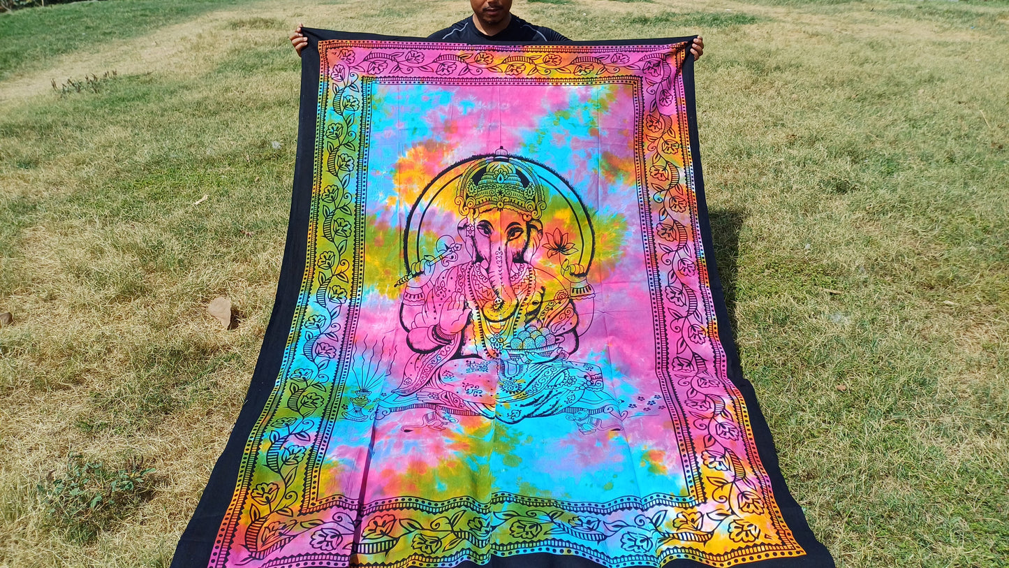 Natural Multi-Color Hindu God Lord Ganesh Tie-Dye Handprinted Cotton Cloth Wall Tapestry,Spiritual Wall Hanging,Zen Yoga Meditation Tapestry