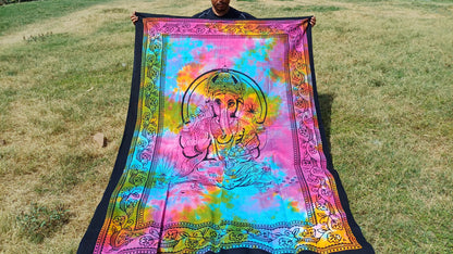 Natural Multi-Color Hindu God Lord Ganesh Tie-Dye Handprinted Cotton Cloth Wall Tapestry,Spiritual Wall Hanging,Zen Yoga Meditation Tapestry