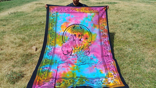Natural Multi-Color Hindu God Lord Ganesh Tie-Dye Handprinted Cotton Cloth Wall Tapestry,Spiritual Wall Hanging,Zen Yoga Meditation Tapestry