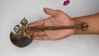 Antique Rare Authentic Handmade Tibetan Buddhist Ritual Brass Prashu Vajra Dorje Axe,Sacred Tibetan Tantric  Ceremonial  Weapon Blade