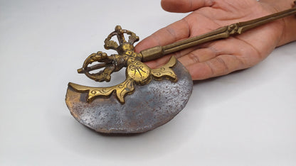 Antique Rare Authentic Handmade Tibetan Buddhist Ritual Brass Prashu Vajra Dorje Axe,Sacred Tibetan Tantric  Ceremonial  Weapon Blade