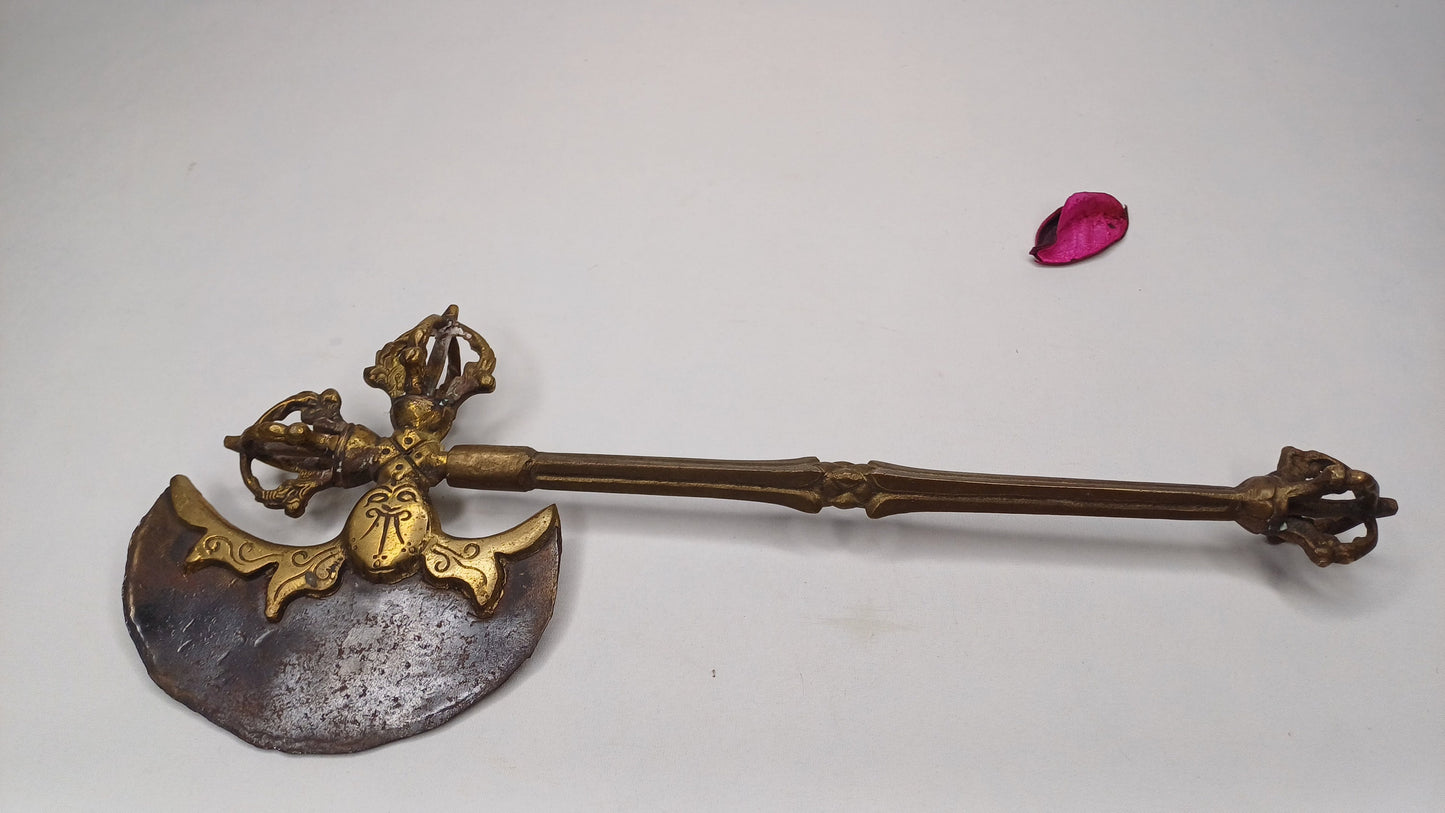 Antique Rare Authentic Handmade Tibetan Buddhist Ritual Brass Prashu Vajra Dorje Axe,Sacred Tibetan Tantric  Ceremonial  Weapon Blade