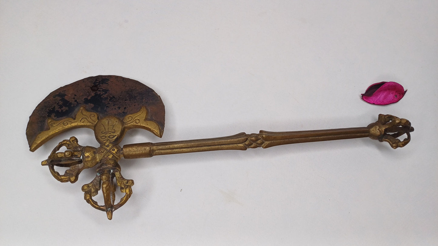 Antique Rare Authentic Handmade Tibetan Buddhist Ritual Brass Prashu Vajra Dorje Axe,Sacred Tibetan Tantric  Ceremonial  Weapon Blade