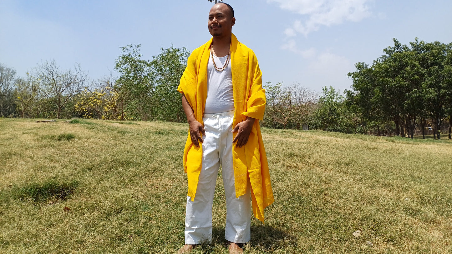 AHIMSA X-Large Traditional Handwoven Yellow Tibetan Buddhist Tantrik Raw Eri Silk Meditation Shawl,Buddhist Silk Zen,Peace Silk Prayer Wrap