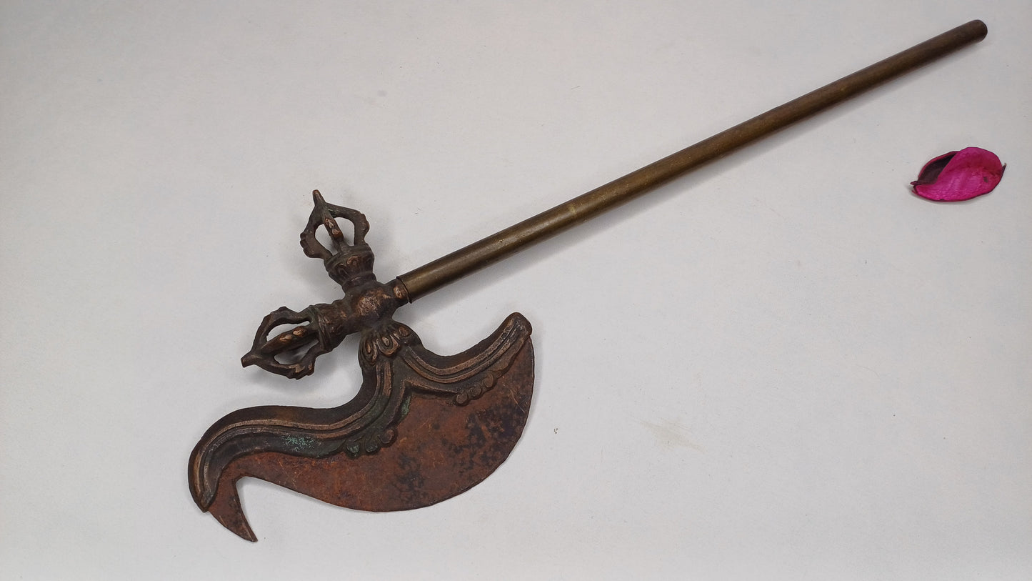 Antique Rare Authentic Buddhist Ritual Wand Khatvanga Axe With Vajra Dorje Top,Sacred Tibetan Tantric Khatvanga Ceremonial  Weapon Blade
