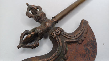 Antique Rare Authentic Buddhist Ritual Wand Khatvanga Axe With Vajra Dorje Top,Sacred Tibetan Tantric Khatvanga Ceremonial  Weapon Blade