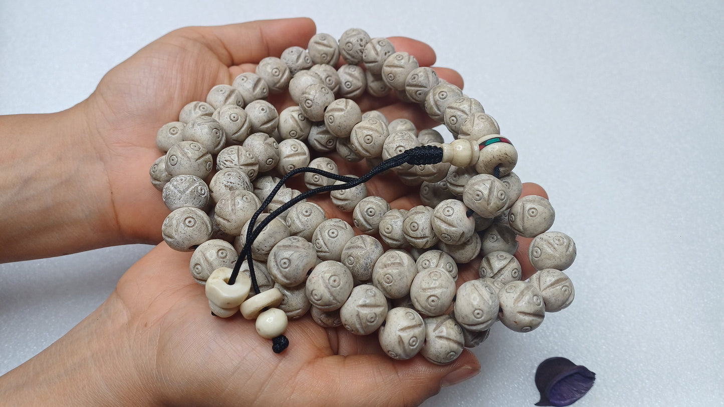108 Large White Hand-Carved Kapala Ethical Yak Bone Protection Prayer Mala,Tibetan Buddhist Rosary,Yak Bone Necklace,Tibetan Bone Beads