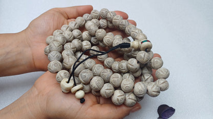 108 Large White Hand-Carved Kapala Ethical Yak Bone Protection Prayer Mala,Tibetan Buddhist Rosary,Yak Bone Necklace,Tibetan Bone Beads