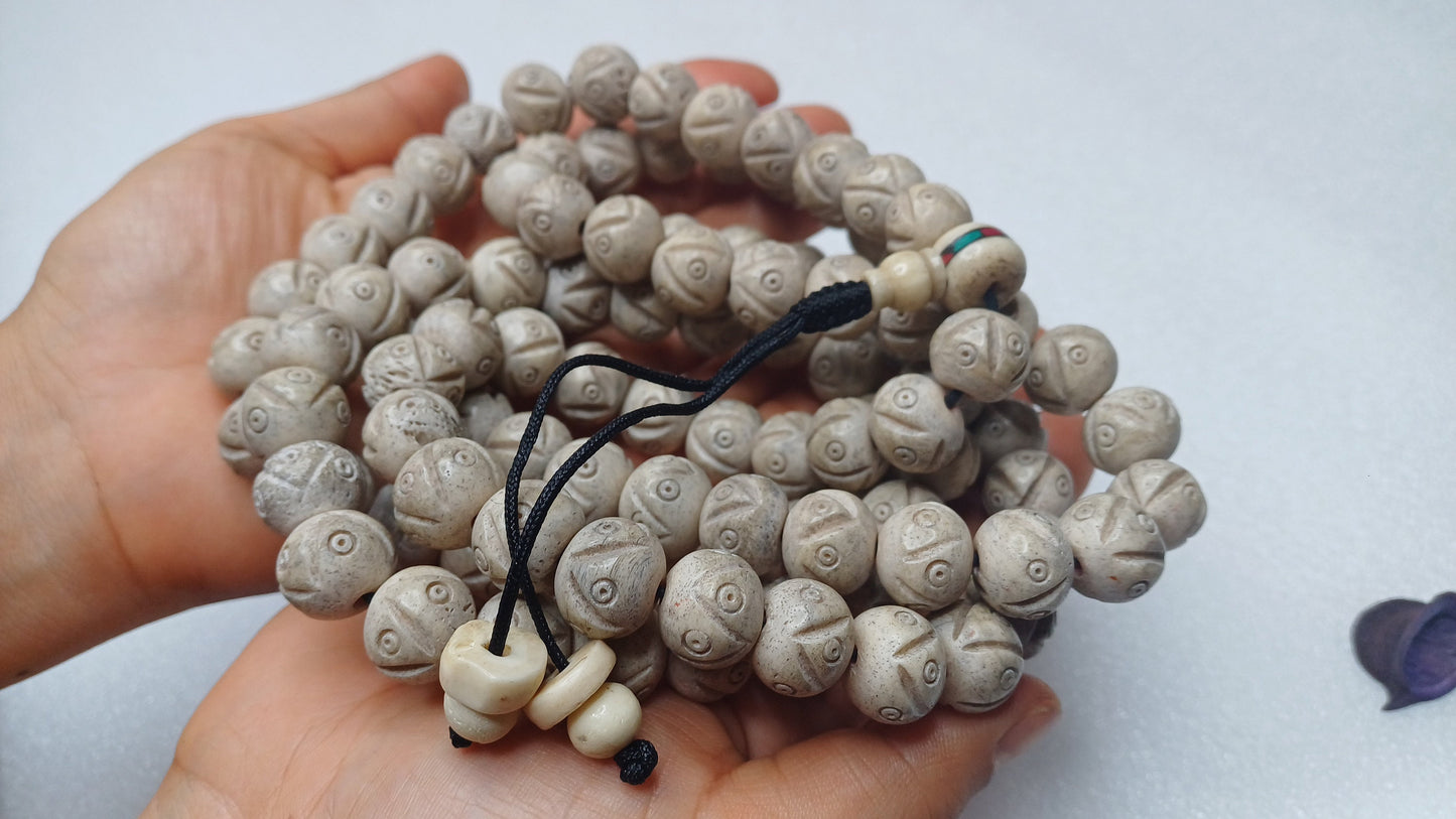 108 Large White Hand-Carved Kapala Ethical Yak Bone Protection Prayer Mala,Tibetan Buddhist Rosary,Yak Bone Necklace,Tibetan Bone Beads