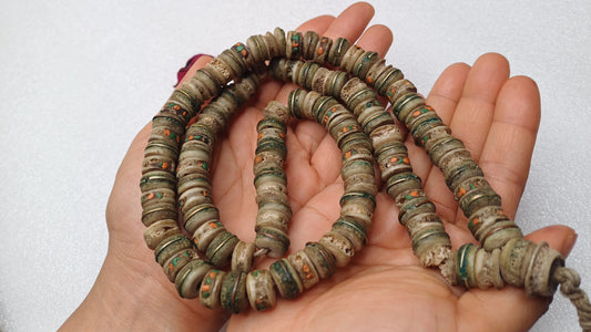 108 Antique Large Yak Bone Nepal Tibet Buddhist Prayer Beads,Vintage Turquoise Red Coral Inlay Rosary Mala,Disk Shaped Yak Kapala Bone Mala