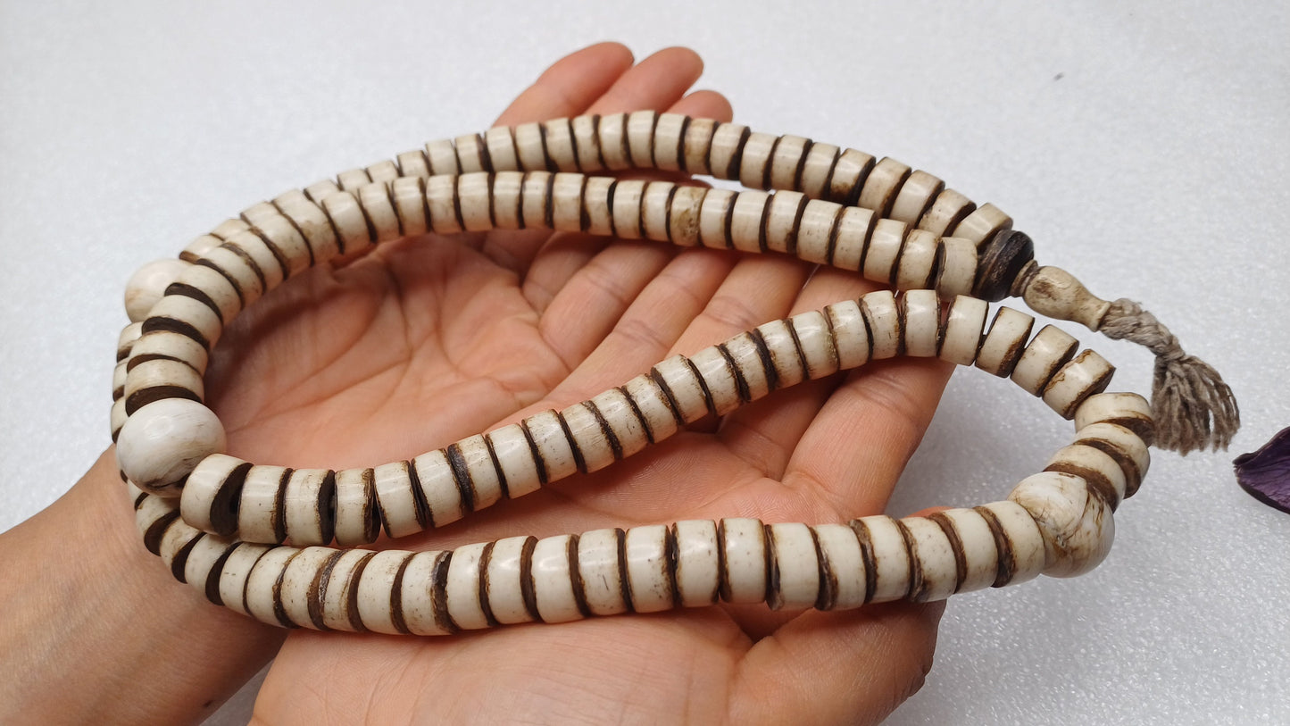 Antique 108 Beads Gandhara Hand-carved Original Yak Bone,Tibetan Buddhist Prayer Beads,Vintage Rosary Mala,Disk Shaped Yak Kapala Bone Mala