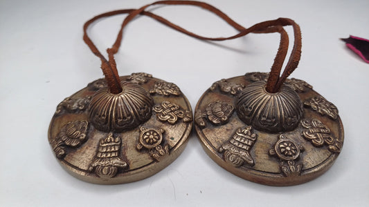 Vintage Rare Authentic 8 Auspicious Sign Carved Tibetan Tingsha Bells,Handmade Tibetan Buddhist Ritual Cymbal,Yoga Sound Healing Chimes/Tool
