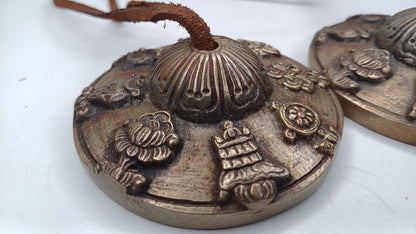 Vintage Rare Authentic 8 Auspicious Sign Carved Tibetan Tingsha Bells,Handmade Tibetan Buddhist Ritual Cymbal,Yoga Sound Healing Chimes/Tool