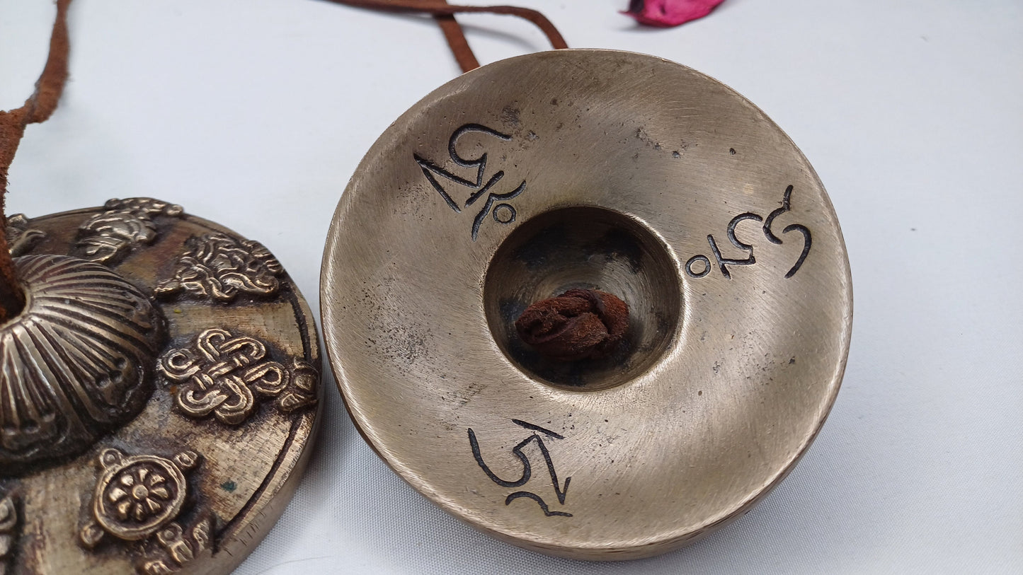 Vintage Rare Authentic 8 Auspicious Sign Carved Tibetan Tingsha Bells,Handmade Tibetan Buddhist Ritual Cymbal,Yoga Sound Healing Chimes/Tool