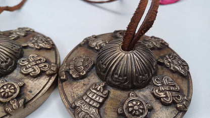 Vintage Rare Authentic 8 Auspicious Sign Carved Tibetan Tingsha Bells,Handmade Tibetan Buddhist Ritual Cymbal,Yoga Sound Healing Chimes/Tool