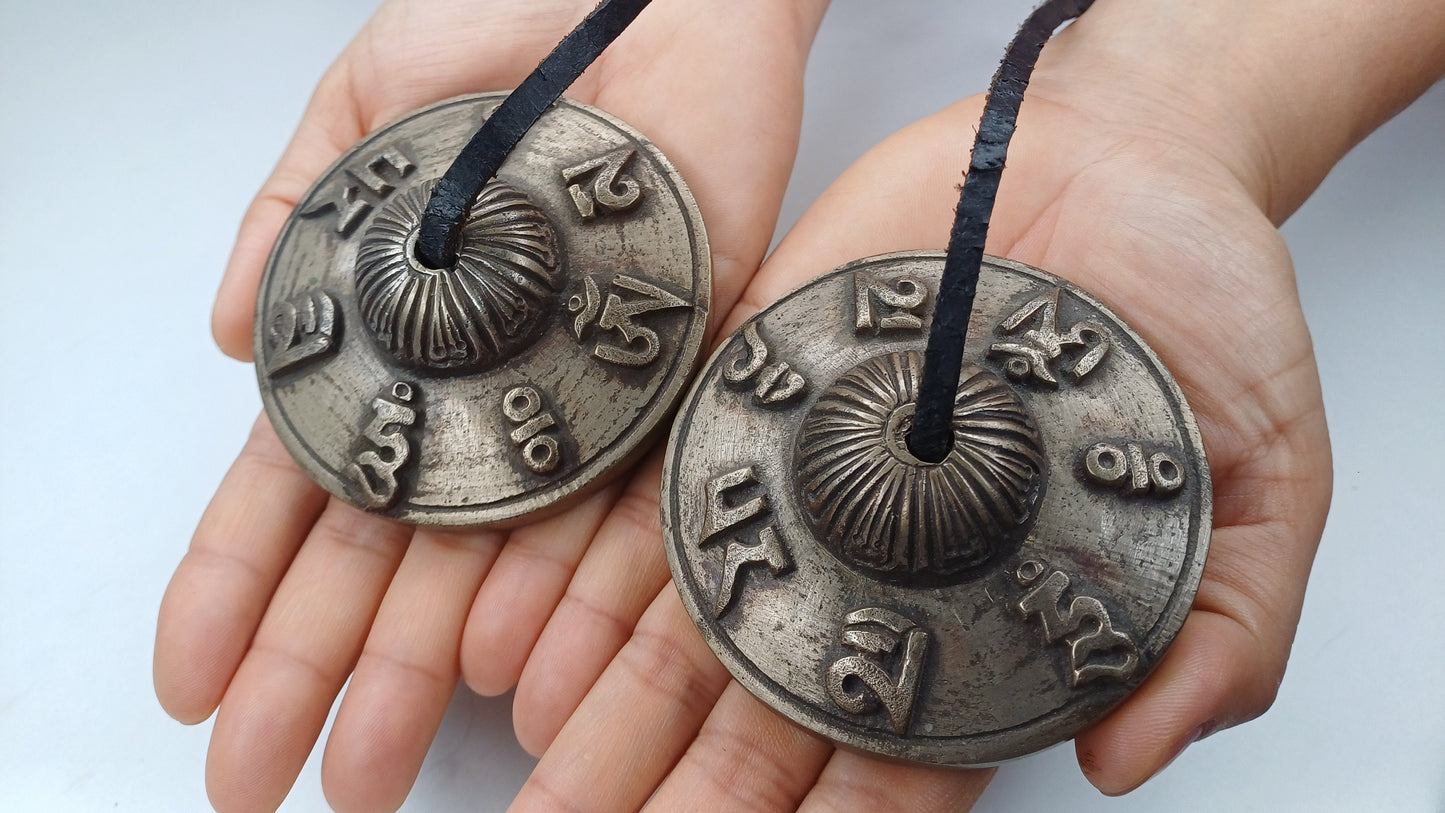 Vintage Rare Authentic Tibetan Mantra OM MANI Carved Tibetan Tingsha Bells,Handmade Tibetan Buddhist Ritual Cymbal,Yoga Sound Healing Tool