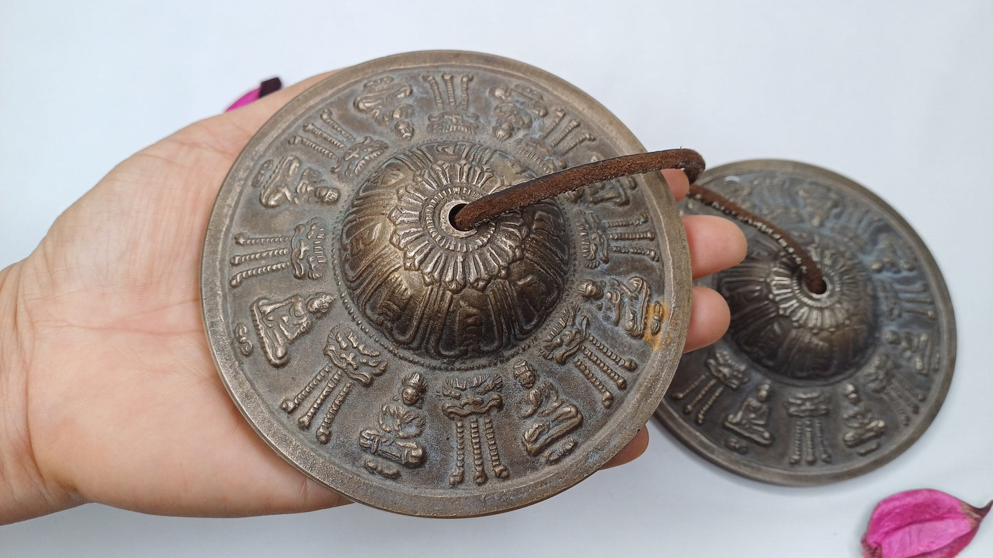Vintage Rare Authentic Large Size Buddha Carved Tibetan Tingsha Bells,Handmade Tibetan Buddhist Ritual Cymbal,Yoga Sound Healing Tool