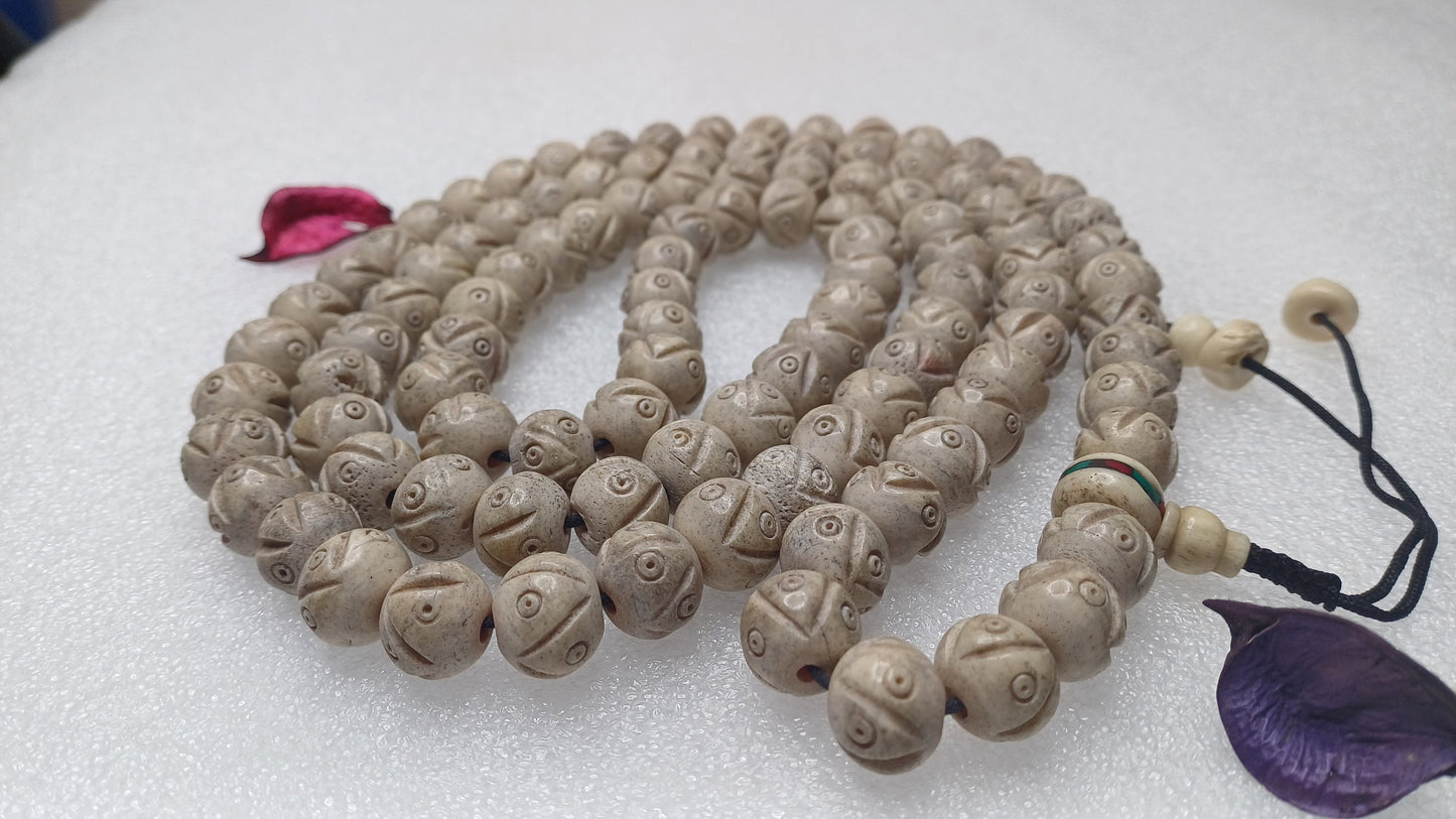 108 Large White Hand-Carved Kapala Ethical Yak Bone Protection Prayer Mala,Tibetan Buddhist Rosary,Yak Bone Necklace,Tibetan Bone Beads