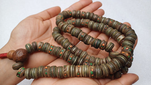 108 Antique Large Yak Bone Nepal Tibet Buddhist Prayer Beads,Vintage Turquoise Red Coral Inlay Rosary Mala,Disk Shaped Yak Kapala Bone Mala
