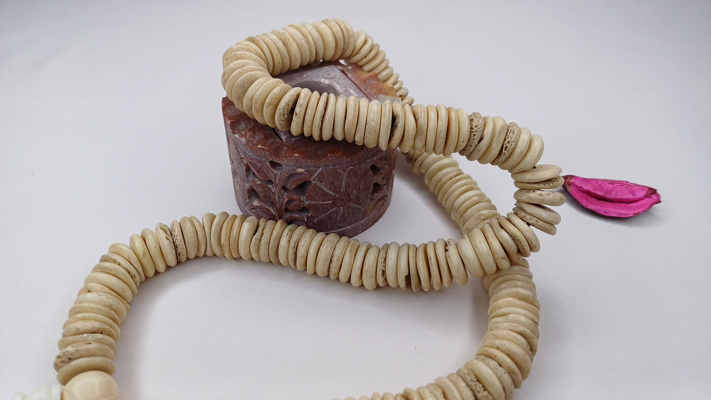 108 12mm Old Vintage Gandhara Tantrik Hand-carved Original Yak Bone Tibetan Buddhist Prayer Beads Mala,Disk Shaped Yak Kapala Bone Rosary