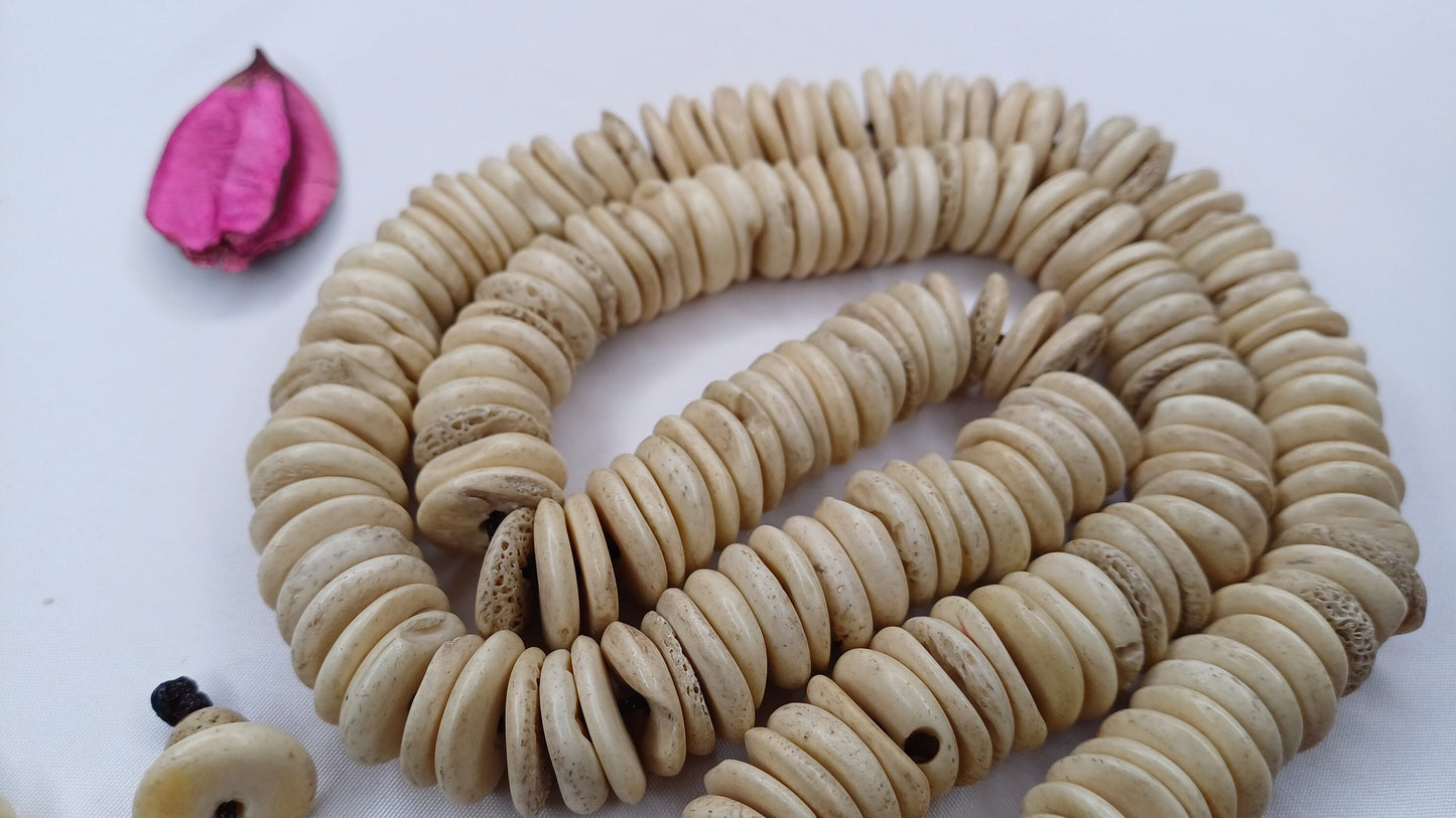 108 12mm Old Vintage Gandhara Tantrik Hand-carved Original Yak Bone Tibetan Buddhist Prayer Beads Mala,Disk Shaped Yak Kapala Bone Rosary