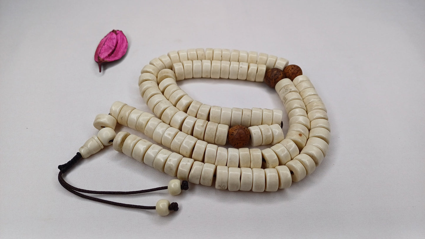 108 Handcarved Original Tibetan Yak Bone/Bodhi Beads Meditation Mala,Disc Shaped Ethnic Bone Jewellery,Tibetan Buddhist Prayer Bone Rosary