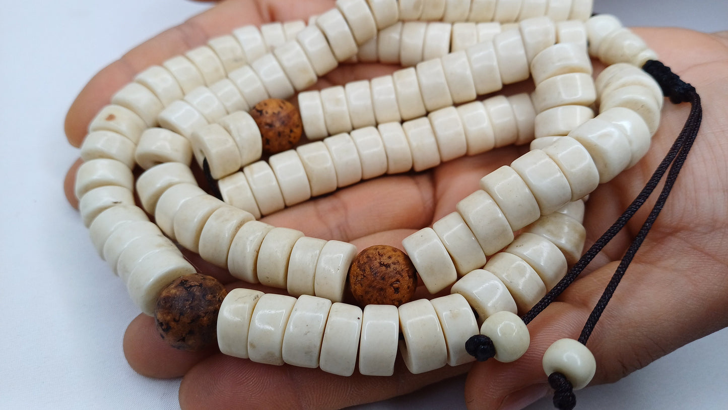 108 Handcarved Original Tibetan Yak Bone/Bodhi Beads Meditation Mala,Disc Shaped Ethnic Bone Jewellery,Tibetan Buddhist Prayer Bone Rosary
