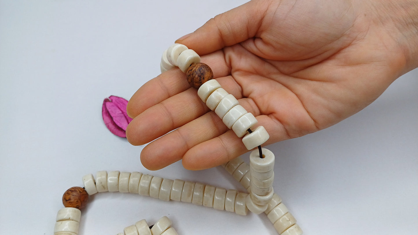 108 Handcarved Original Tibetan Yak Bone/Bodhi Beads Meditation Mala,Disc Shaped Ethnic Bone Jewellery,Tibetan Buddhist Prayer Bone Rosary
