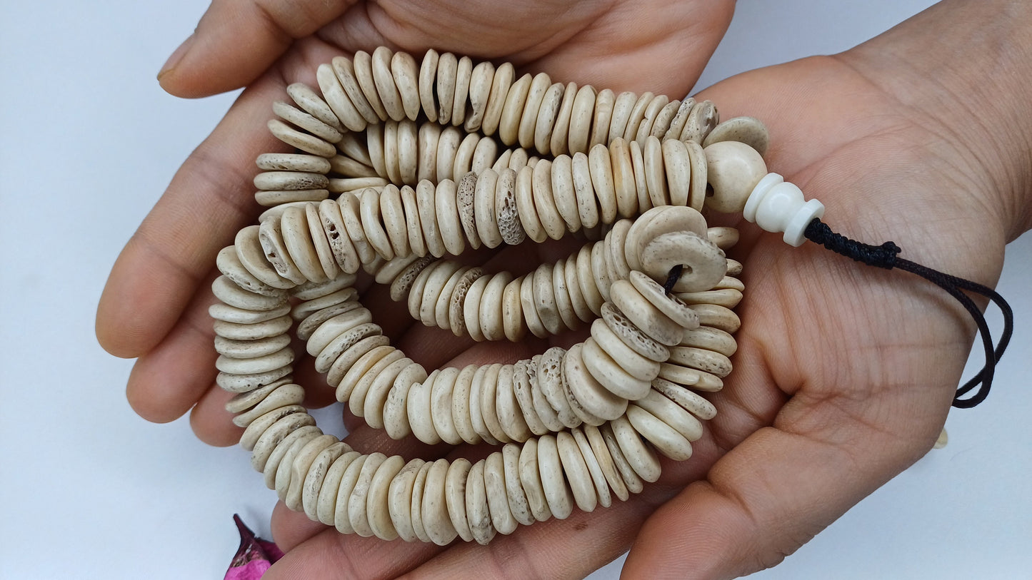 108 12mm Old Vintage Gandhara Tantrik Hand-carved Original Yak Bone Tibetan Buddhist Prayer Beads Mala,Disk Shaped Yak Kapala Bone Rosary