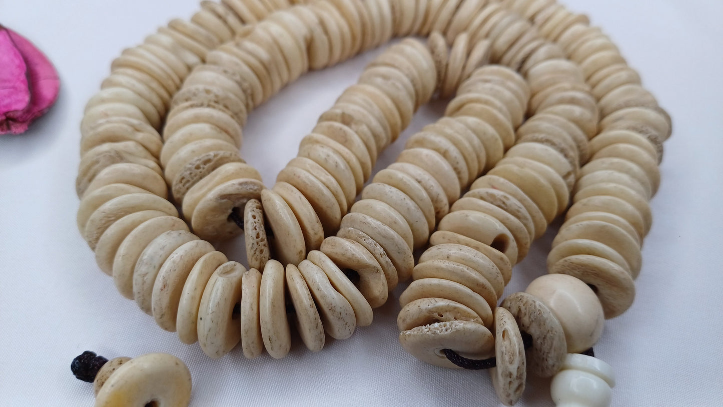 108 12mm Old Vintage Gandhara Tantrik Hand-carved Original Yak Bone Tibetan Buddhist Prayer Beads Mala,Disk Shaped Yak Kapala Bone Rosary