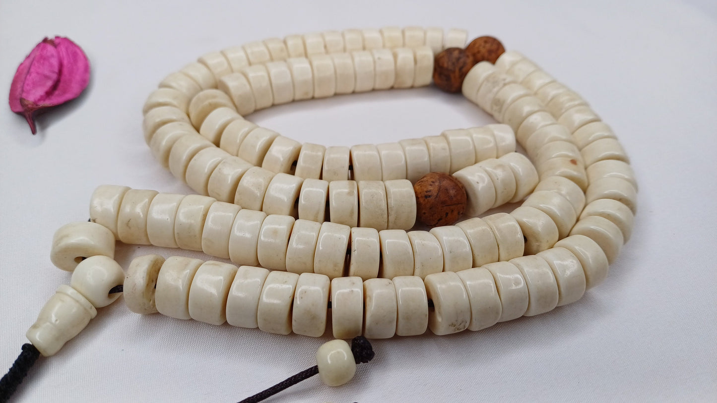 108 Handcarved Original Tibetan Yak Bone/Bodhi Beads Meditation Mala,Disc Shaped Ethnic Bone Jewellery,Tibetan Buddhist Prayer Bone Rosary